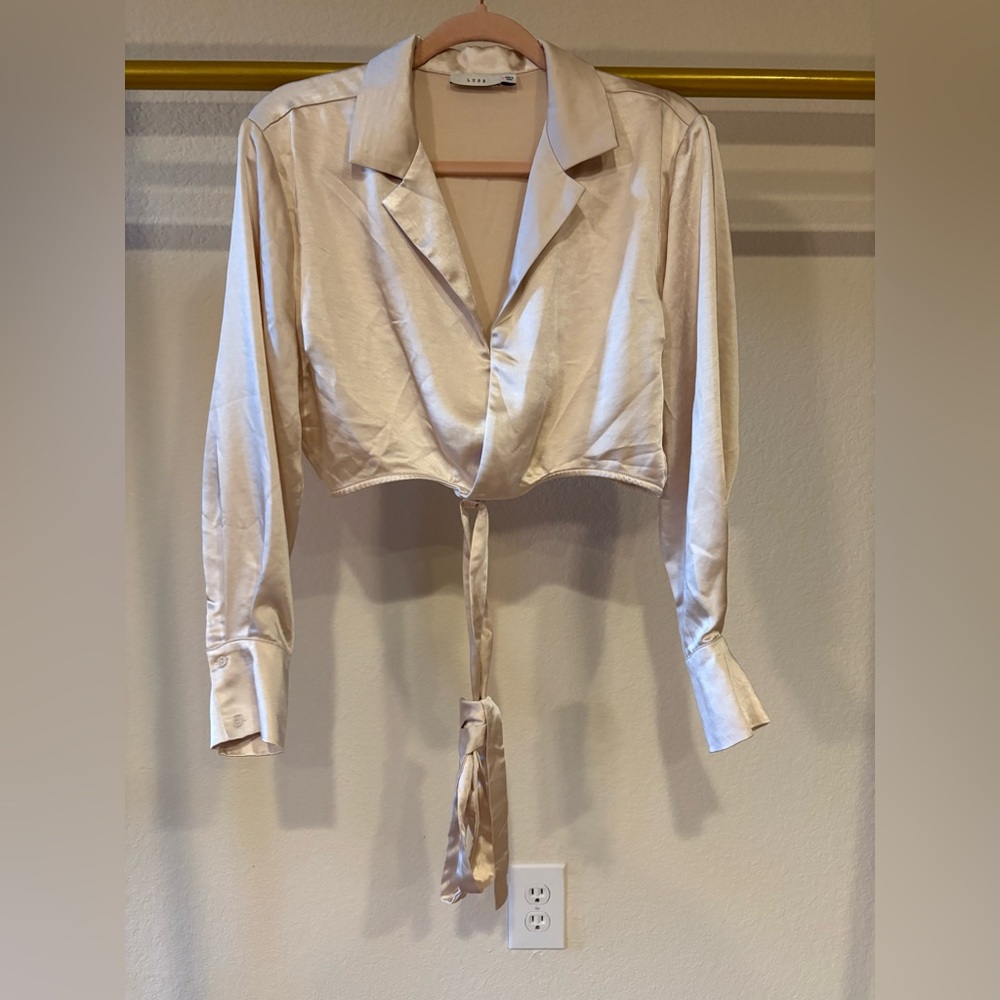 Women’s champagne cropped satin long sleeve blouse with bow belt - medium